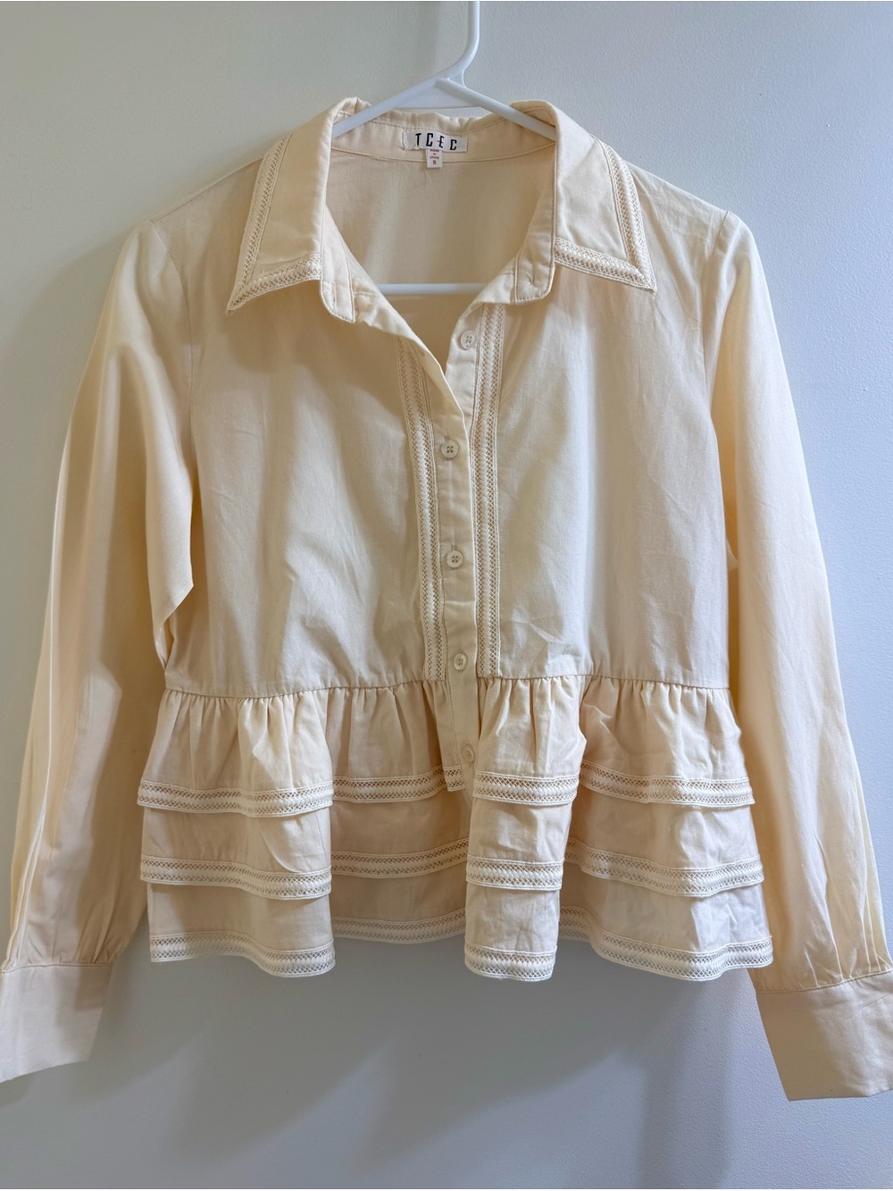 TCEC Cream Tiered Peplum Ruffle Blouse 100% Cotton Size Small - Picture 3 of 14